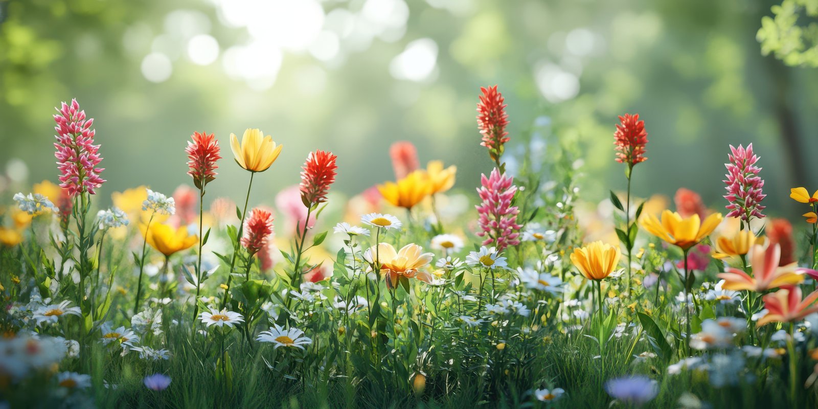 Colorful flower field blooms in springtime sunlight creating a vibrant and lively atmosphere